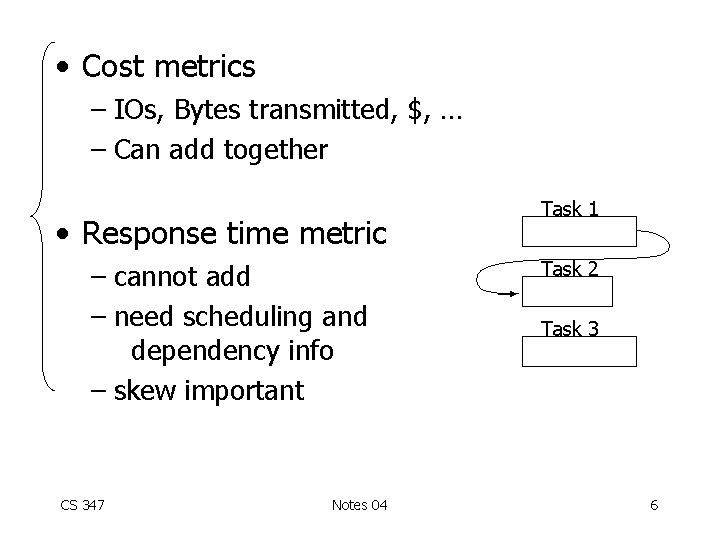  • Cost metrics – IOs, Bytes transmitted, $, … – Can add together