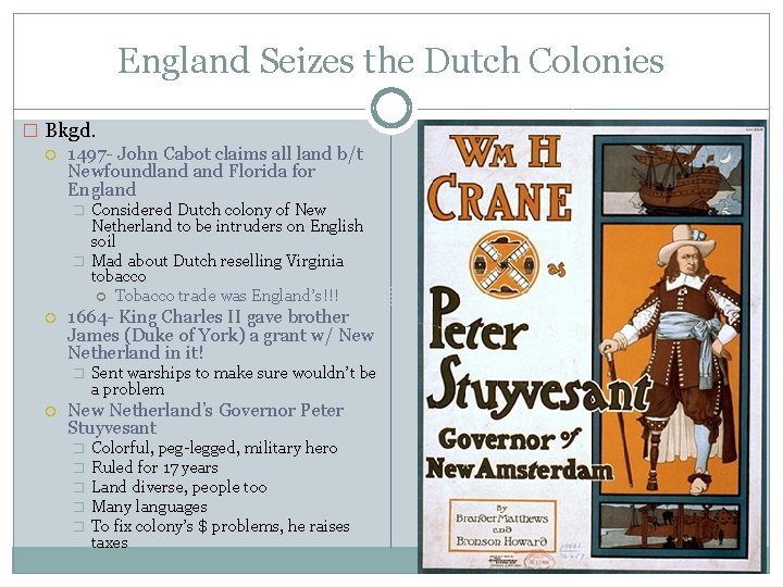 England Seizes the Dutch Colonies � Bkgd. 1497 - John Cabot claims all land