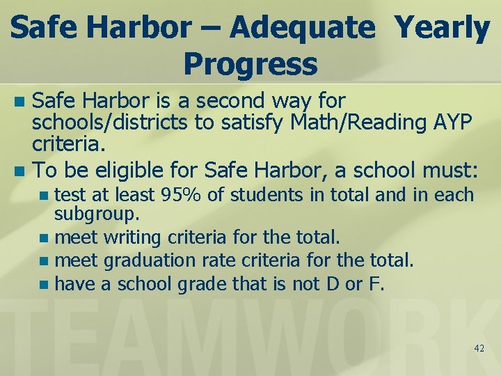 Safe Harbor – Adequate Yearly Progress Safe Harbor is a second way for schools/districts