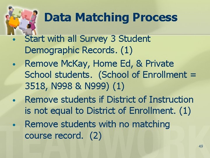 Data Matching Process • • Start with all Survey 3 Student Demographic Records. (1)