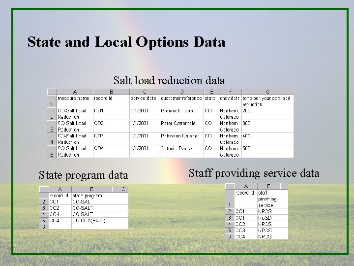 State and Local Options Data Salt load reduction data State program data Staff providing