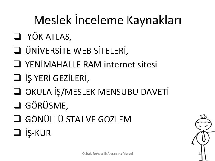 Meslek İnceleme Kaynakları q q q q YÖK ATLAS, ÜNİVERSİTE WEB SİTELERİ, YENİMAHALLE RAM