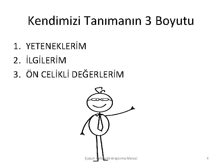 Kendimizi Tanımanın 3 Boyutu 1. YETENEKLERİM 2. İLGİLERİM 3. ÖN CELİKLİ DEĞERLERİM Çubuk Rehberlik