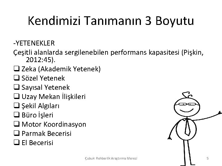 Kendimizi Tanımanın 3 Boyutu -YETENEKLER Çeşitli alanlarda sergilenebilen performans kapasitesi (Pişkin, 2012: 45). q