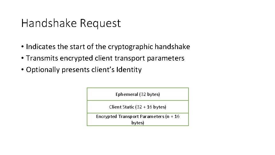 Handshake Request • Indicates the start of the cryptographic handshake • Transmits encrypted client
