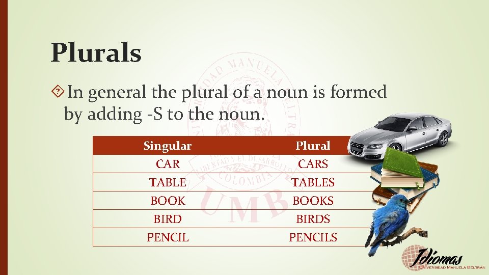 Plurals In general the plural of a noun is formed by adding -S to