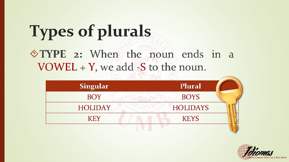 Types of plurals TYPE 2: When the noun ends in a VOWEL + Y,