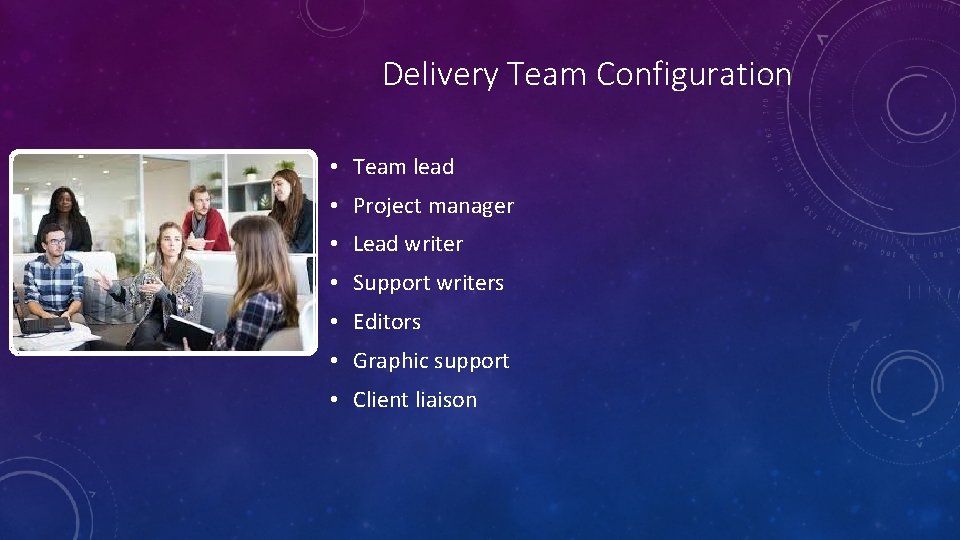 Delivery Team Configuration • Team lead • Project manager • Lead writer • Support