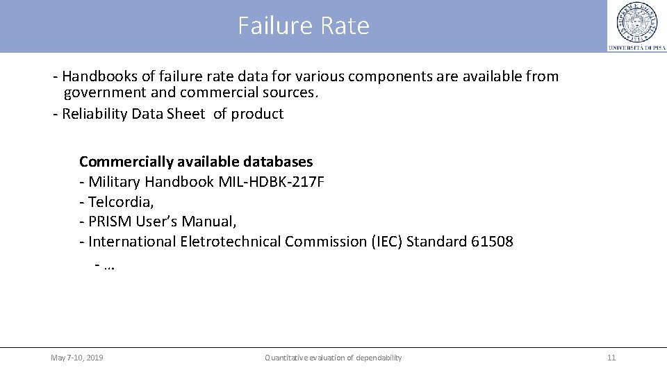 Failure Rate - Handbooks of failure rate data for various components are available from