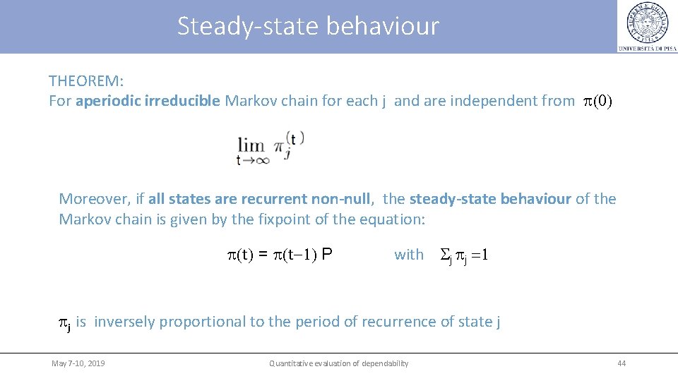 Steady-state behaviour THEOREM: For aperiodic irreducible Markov chain for each j and are independent