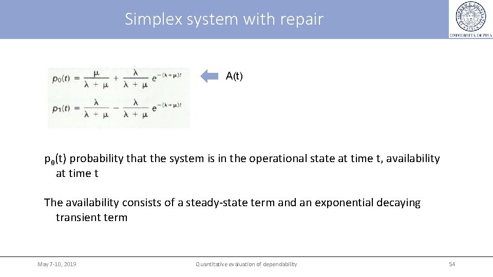 Simplex system with repair A(t) p 0(t) probability that the system is in the