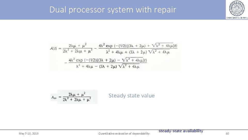 Dual processor system with repair Steady state value May 7 -10, 2019 Quantitative evaluation