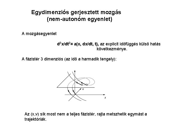 Egydimenziós gerjesztett mozgás (nem-autonóm egyenlet) A mozgásegyenlet d 2 x/dt 2= a(x, dx/dt, t),