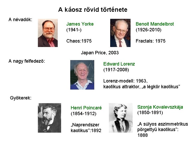 A káosz rövid története A névadók: James Yorke (1941 -) Benoit Mandelbrot (1926 -2010)