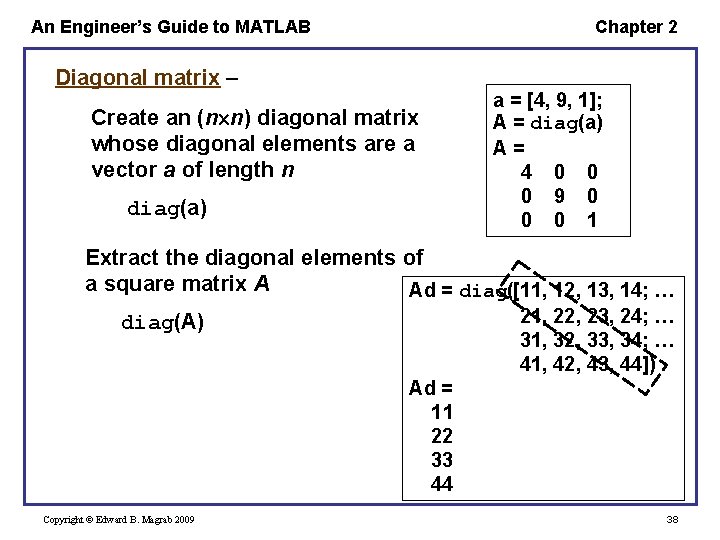 An Engineer’s Guide to MATLAB Chapter 2 Diagonal matrix – Create an (n n) An Engineer’s Guide to MATLAB Chapter 2 Diagonal matrix – Create an (n n)
