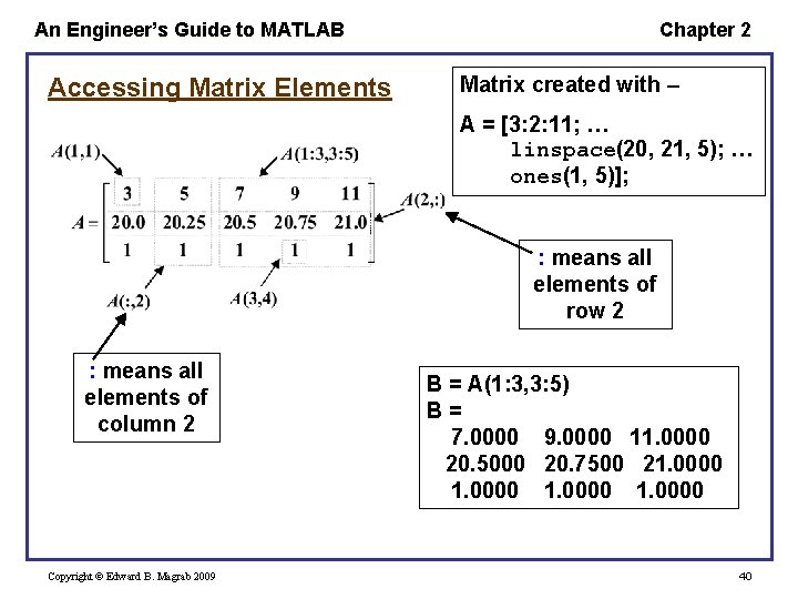 An Engineer’s Guide to MATLAB Accessing Matrix Elements Chapter 2 Matrix created with – An Engineer’s Guide to MATLAB Accessing Matrix Elements Chapter 2 Matrix created with –