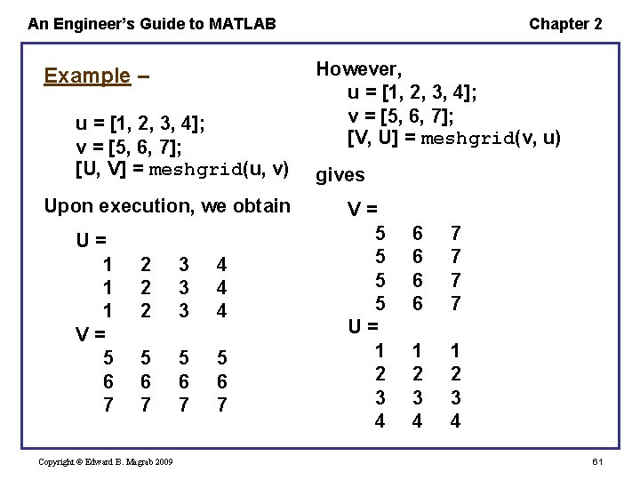 An Engineer’s Guide to MATLAB Example – u = [1, 2, 3, 4]; v