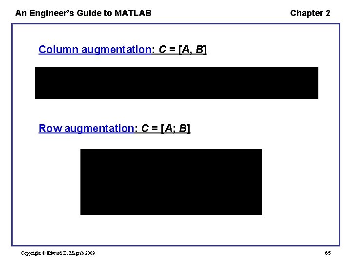 An Engineer’s Guide to MATLAB Chapter 2 Column augmentation: C = [A, B] Row