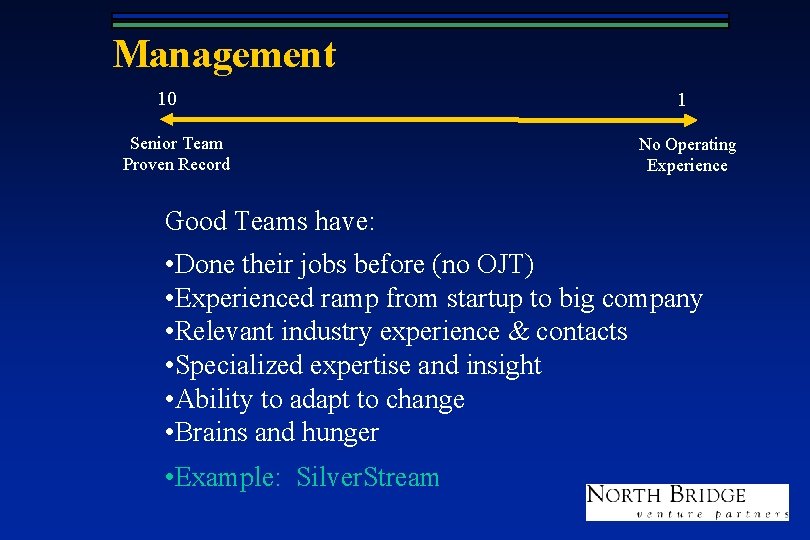 Management 10 Senior Team Proven Record 1 No Operating Experience Good Teams have: •