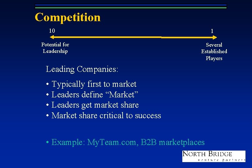 Competition 10 Potential for Leadership 1 Several Established Players Leading Companies: • Typically first