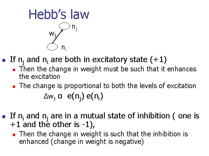 Hebb’s law nj wji ni n If nj and ni are both in excitatory