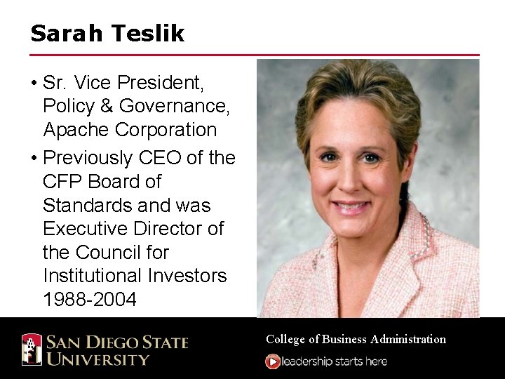 Sarah Teslik • Sr. Vice President, Policy & Governance, Apache Corporation • Previously CEO