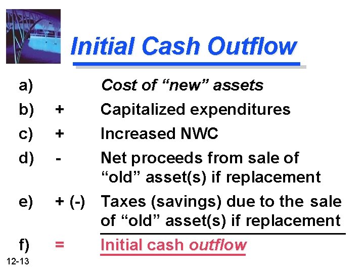 Initial Cash Outflow a) b) c) + + d) - e) + (-) Taxes