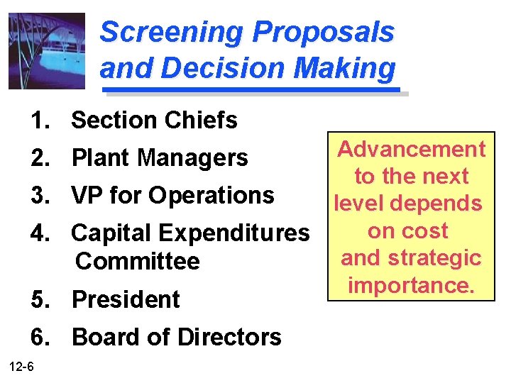 Screening Proposals and Decision Making 1. Section Chiefs Advancement to the next 3. VP