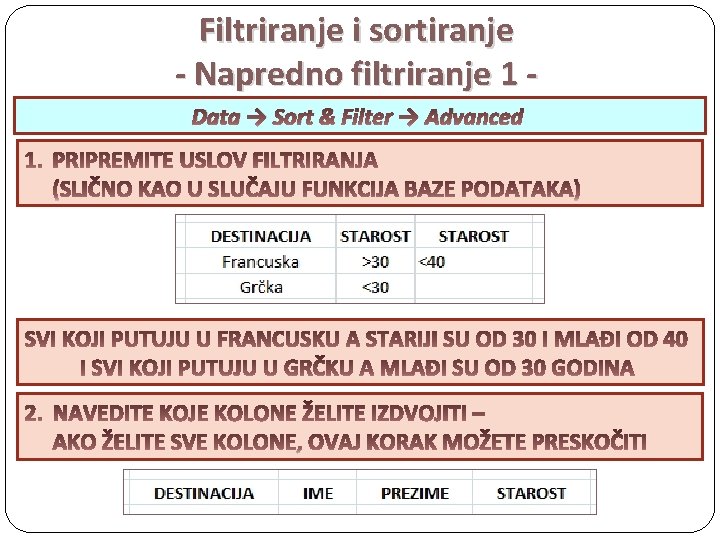 Filtriranje i sortiranje - Napredno filtriranje 1 Data → Sort & Filter → Advanced