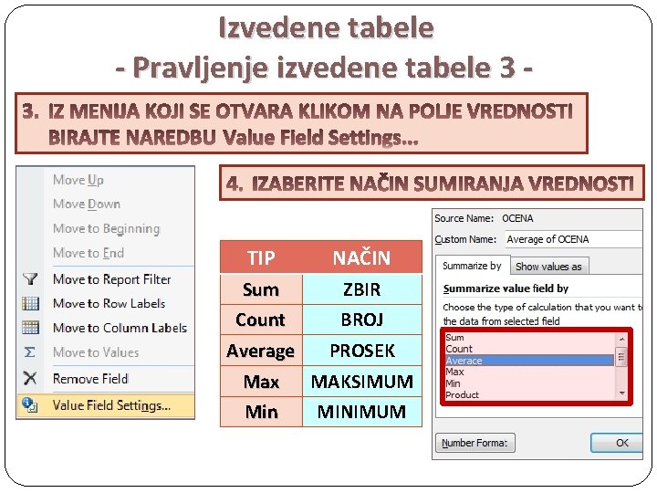 Izvedene tabele - Pravljenje izvedene tabele 3 Value Field Settings. . . TIP NAČIN