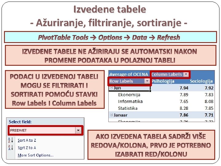 Izvedene tabele - Ažuriranje, filtriranje, sortiranje Pivot. Table Tools → Options → Data →