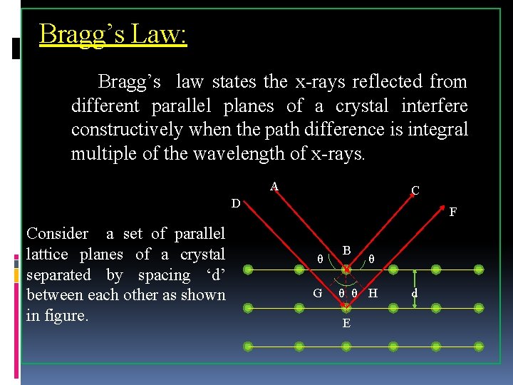 Bragg’s Law: Bragg’s law states the x-rays reflected from different parallel planes of a