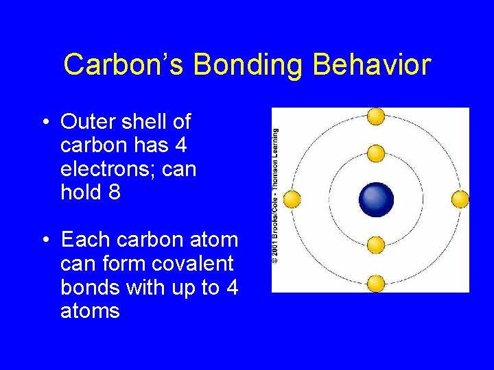 Carbon’s Bonding Behavior • Outer shell of carbon has 4 electrons; can hold 8 Carbon’s Bonding Behavior • Outer shell of carbon has 4 electrons; can hold 8