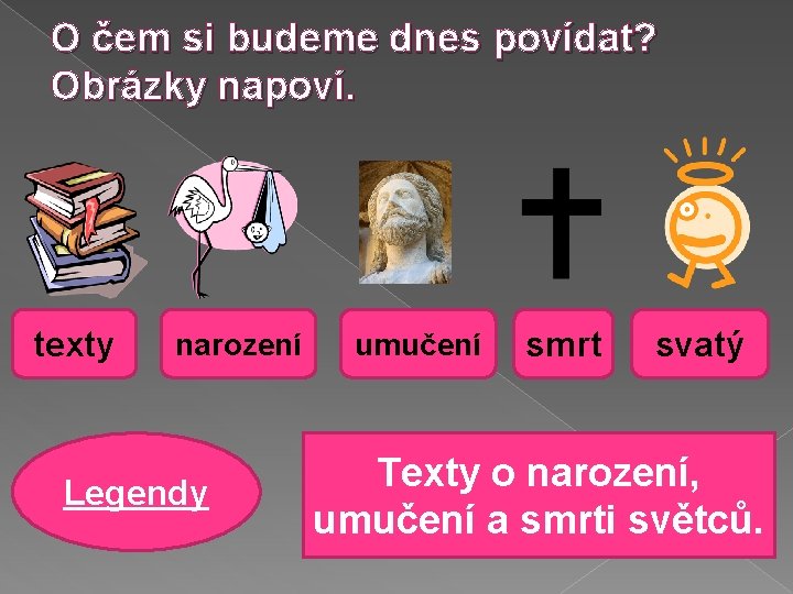 O čem si budeme dnes povídat? Obrázky napoví. texty narození Legendy umučení smrt svatý