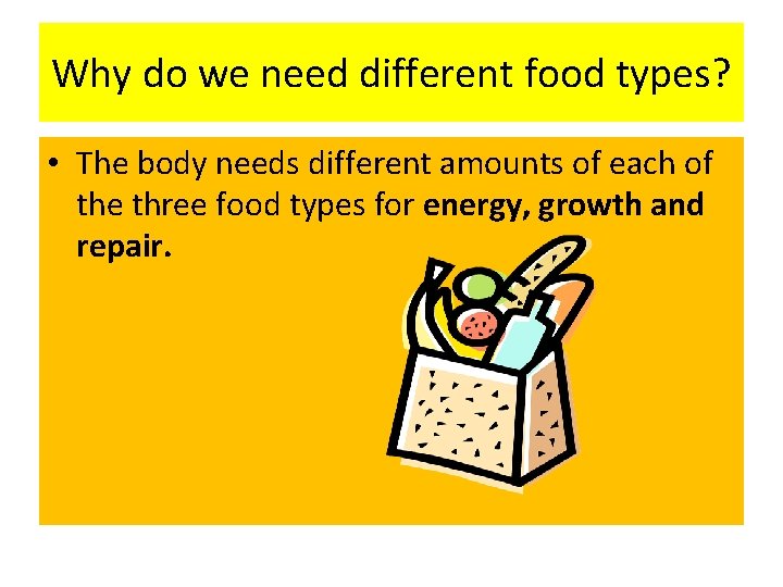 Why do we need different food types? • The body needs different amounts of