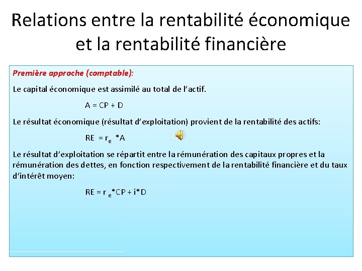 Relations entre la rentabilité économique et la rentabilité financière Première approche (comptable): Le capital