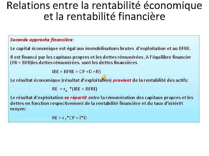 Relations entre la rentabilité économique et la rentabilité financière Seconde approche financière: Le capital