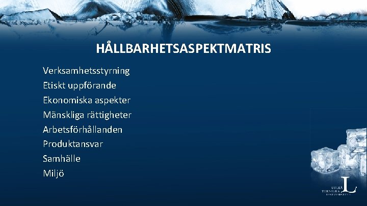 HÅLLBARHETSASPEKTMATRIS Verksamhetsstyrning Etiskt uppförande Ekonomiska aspekter Mänskliga rättigheter Arbetsförhållanden Produktansvar Samhälle Miljö 