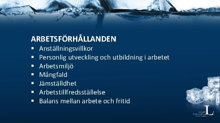 ARBETSFÖRHÅLLANDEN § § § § Anställningsvillkor Personlig utveckling och utbildning i arbetet Arbetsmiljö Mångfald