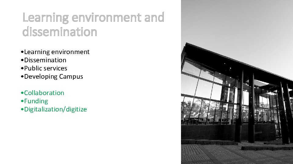 Learning environment and dissemination • Learning environment • Dissemination • Public services • Developing