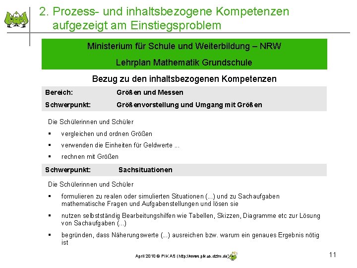 2. Prozess- und inhaltsbezogene Kompetenzen aufgezeigt am Einstiegsproblem Ministerium für Schule und Weiterbildung –