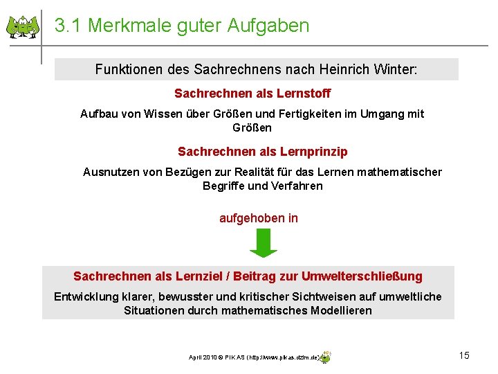 3. 1 Merkmale guter Aufgaben Funktionen des Sachrechnens nach Heinrich Winter: Sachrechnen als Lernstoff