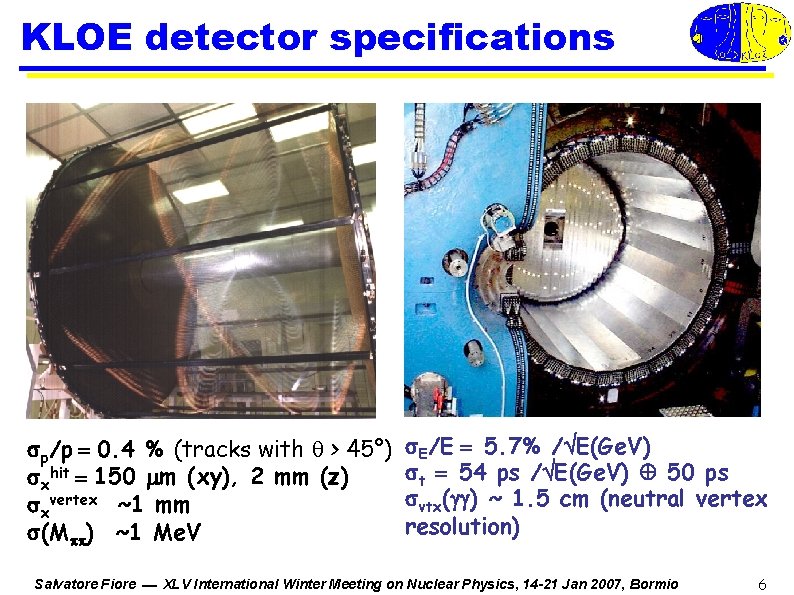 KLOE detector specifications p/p 0. 4 % (tracks with > 45°) xhit 150 m