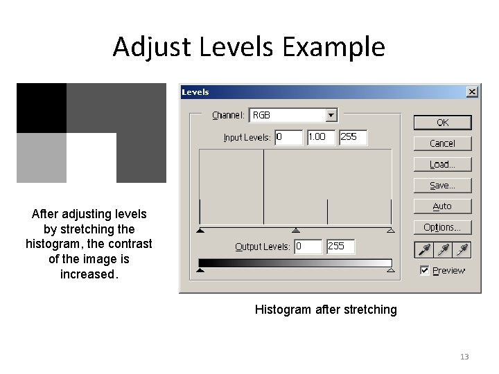 Adjust Levels Example After adjusting levels by stretching the histogram, the contrast of the