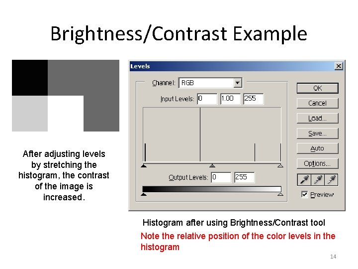 Brightness/Contrast Example After adjusting levels by stretching the histogram, the contrast of the image
