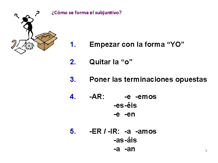 ¿Cómo se forma el subjuntivo? 1. Empezar con la forma “YO” 2. Quitar la