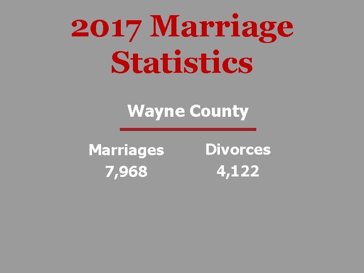 2017 Marriage Statistics Wayne County Marriages 7, 968 Divorces 4, 122 
