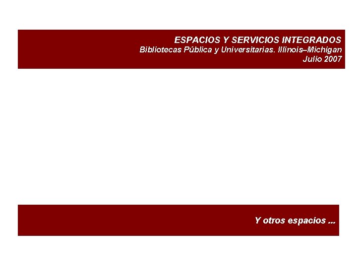 ESPACIOS Y SERVICIOS INTEGRADOS Bibliotecas Pública y Universitarias. Illinois–Michigan Julio 2007 Y otros espacios.