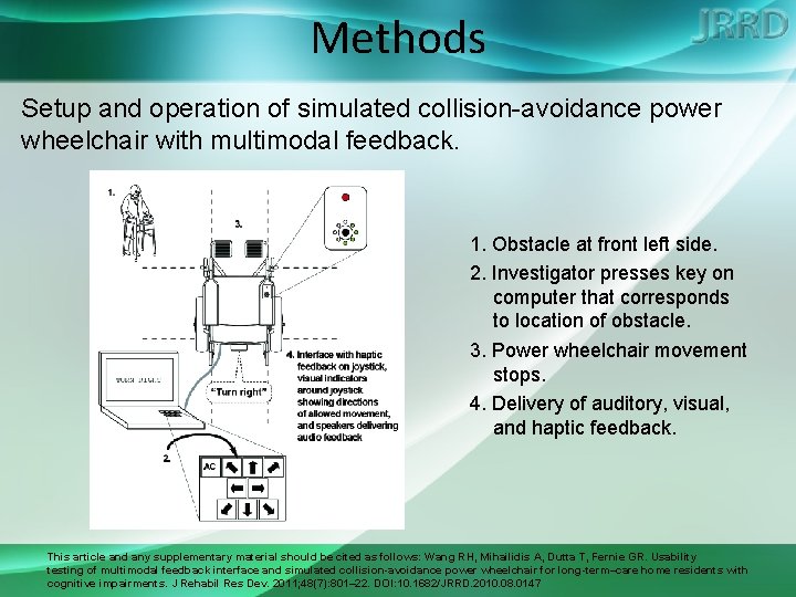 Methods Setup and operation of simulated collision-avoidance power wheelchair with multimodal feedback. 1. Obstacle
