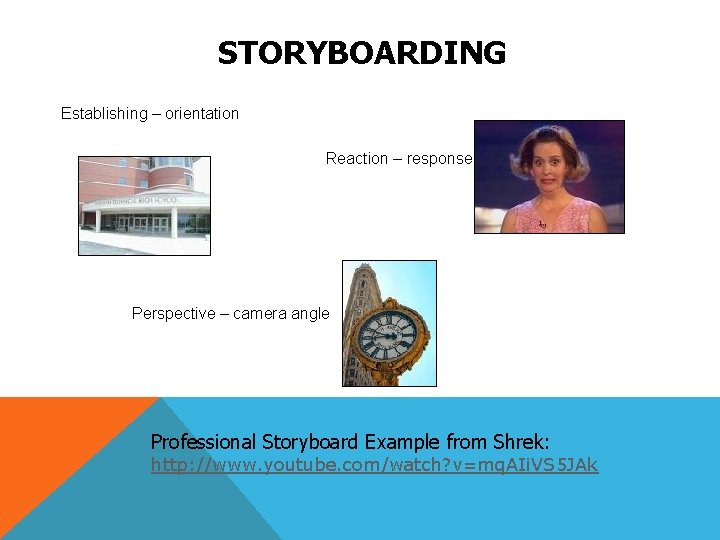 STORYBOARDING Establishing – orientation Reaction – response Perspective – camera angle Professional Storyboard Example